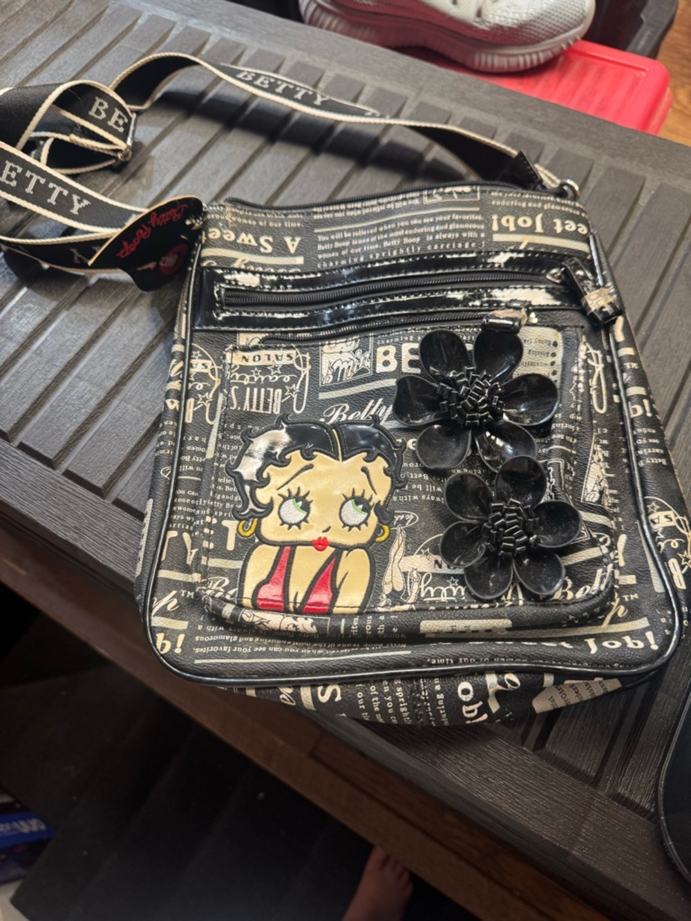 Betty Boop Black and Pink Crossbody Bag with Logo Strap